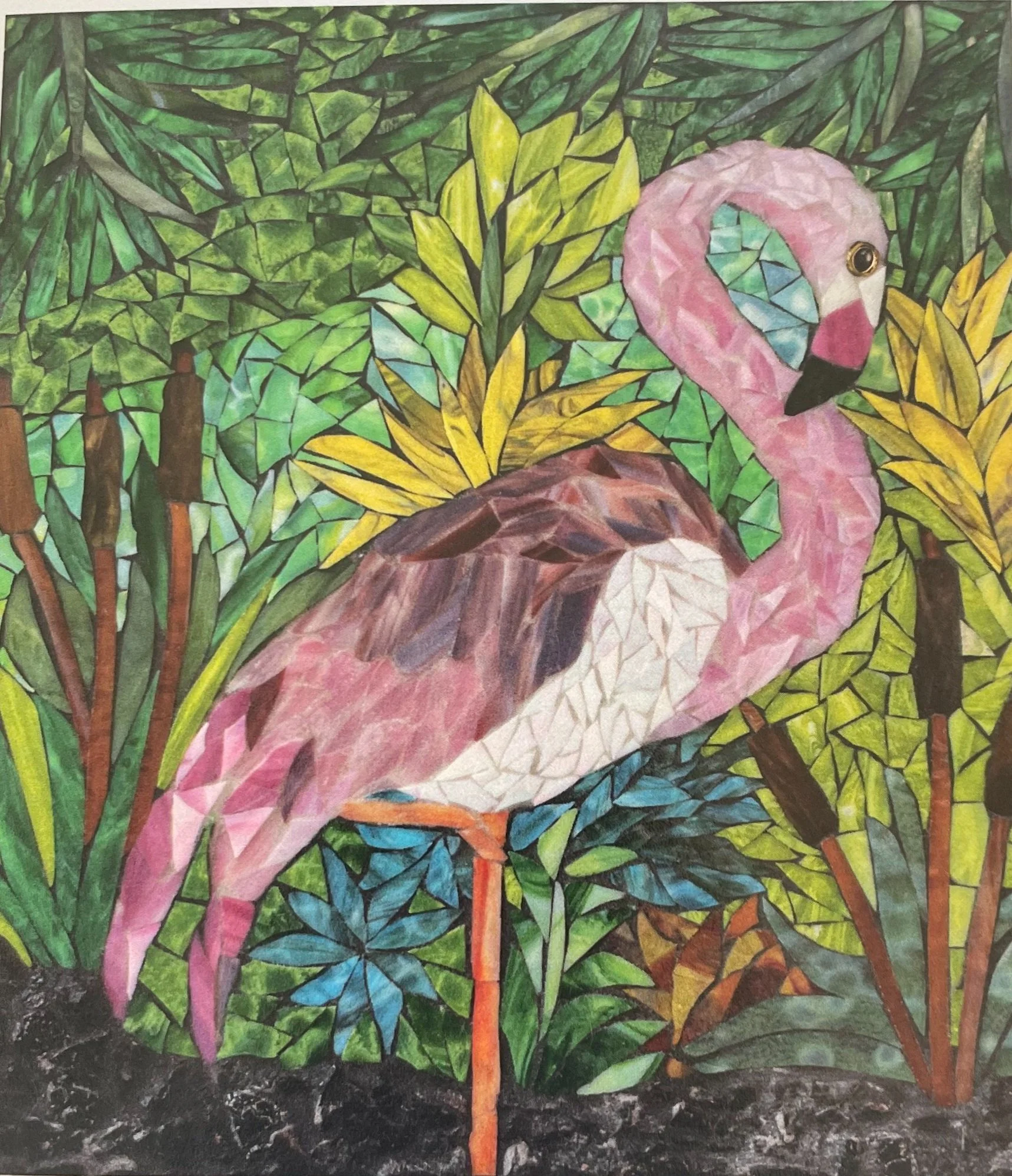 Colorful mosaic art of a flamingo standing among green and yellow tropical plants.