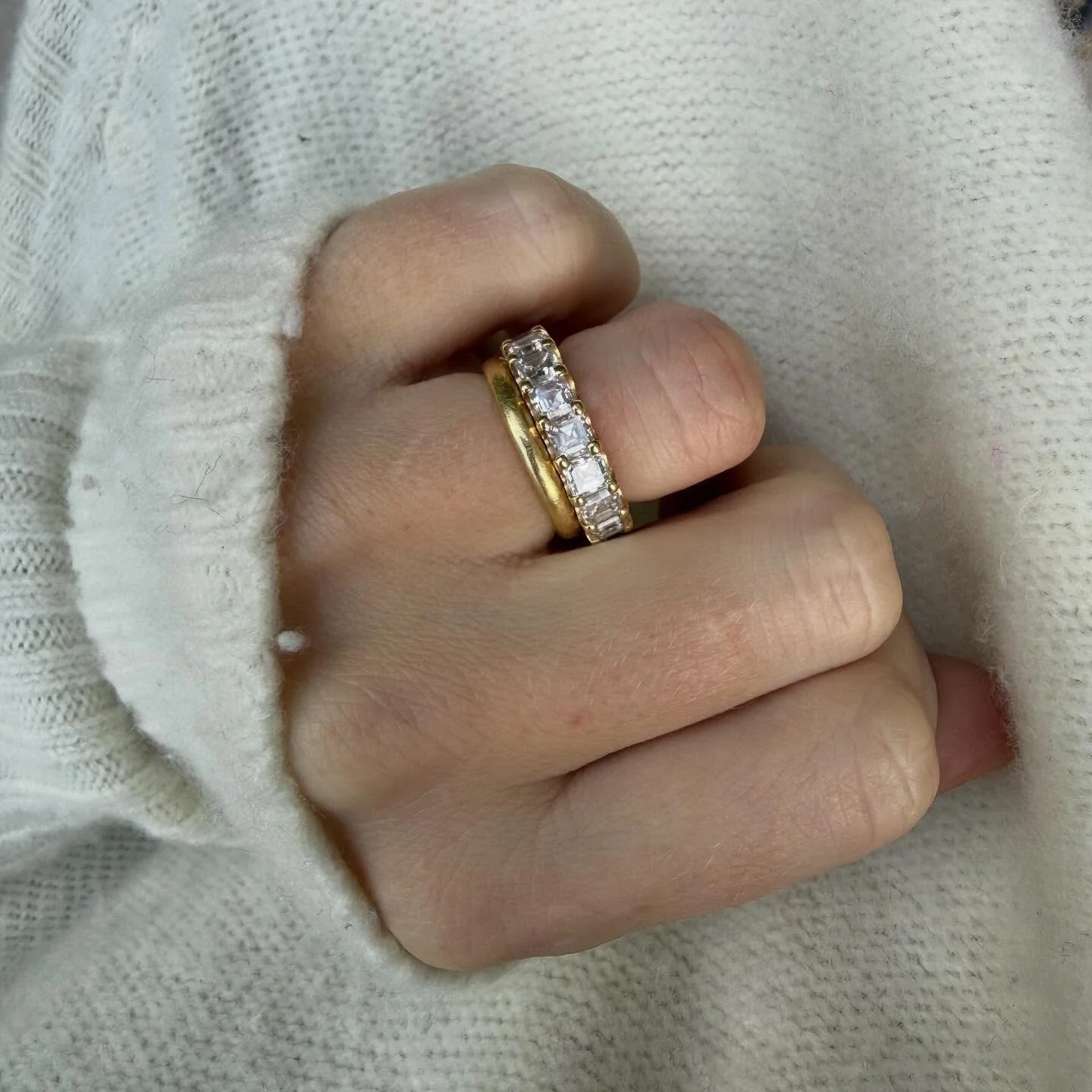 Eternity ring of dreams 🤤. Asscher-cut diamond eternity ring mounted in 18ct yellow gold in a scalloped round ball claw setting. The first time an engagement ring was ever given was in 1477 and it was the first time that diamonds were given to symbo