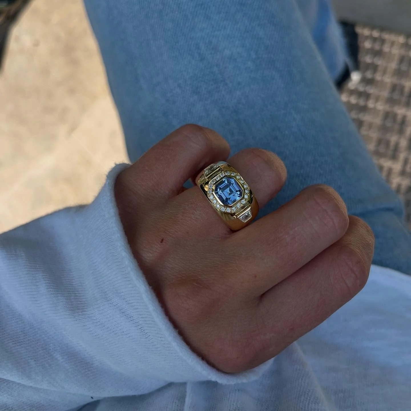 Sapphire &amp; diamond target gypsy ring mounted in 18ct yellow gold. A very unique piece born from the idea of my original ring so it has an extra special place in my heart. 🩵💍💎