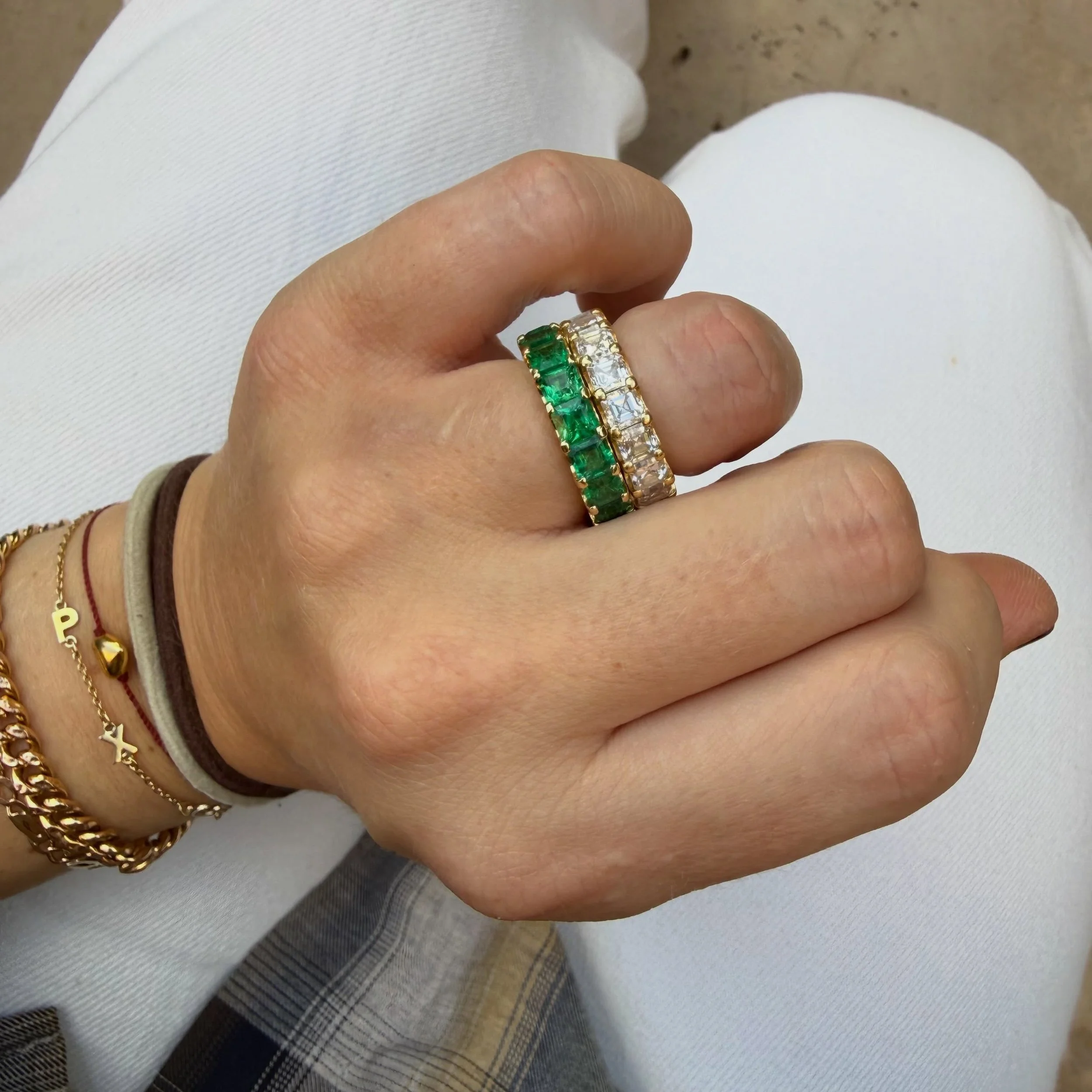 Bespoke Asscher-cut emerald 18ct yellow gold full eternity ring with a round ball claw setting marking a very special arrival of a beautiful little girl. Match made in heaven to its fellow diamond duo 🤍💚🔥