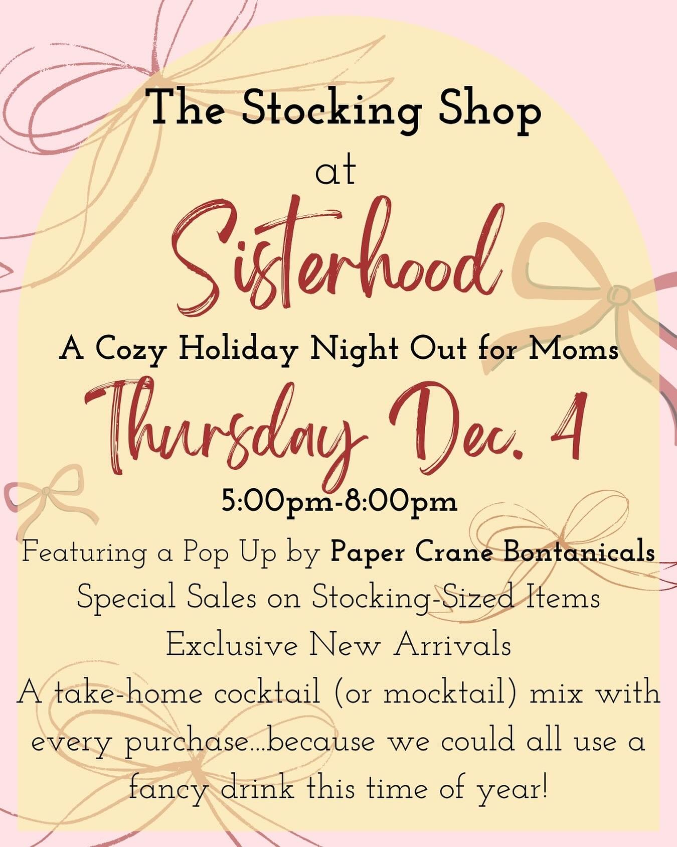 Save the Date!! December 4 ❄️5:00-8:00pm

Join us for a festive night out made just for moms! ✨

Find all the stocking stuffers you need in one place:

🎄One-night-only sales on stocking-sized favorites
🎄Exclusive new items your girls haven&rsquo;t 