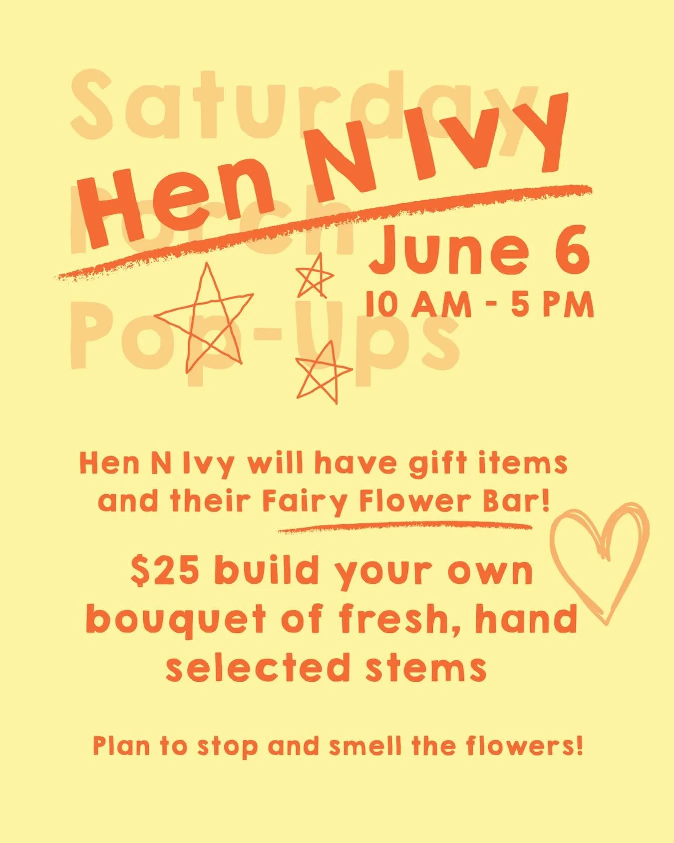 We are kicking off our Saturday Porch Pop-Ups THIS SATURDAY!!

Join us and shop with Hen N Ivy from 10:00-5:00 on our front porch. They are bringing their Fairy Flower Bar, $25 to build your own bouquet 💐 

Kick off summer break with some fresh stem
