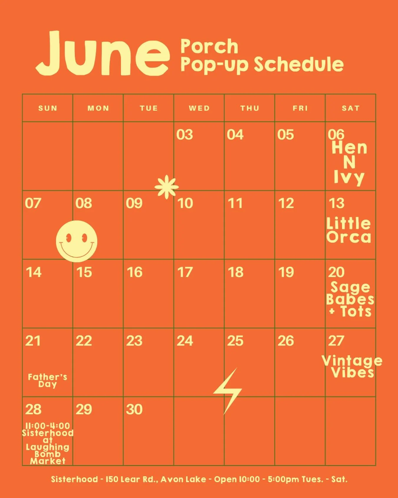 JUNE ☀️ Porch Pop-up Schedule

The idea is to support local and shop small. When you shop small, you&rsquo;re doing so much more than making a purchase. You&rsquo;re helping local families, supporting dreams, creating jobs and investing directly back