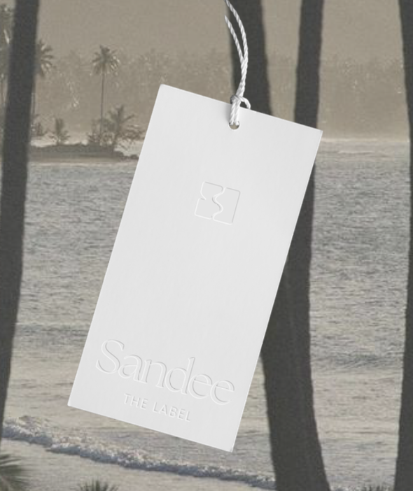 Sandee The Label branding hangtag mockup via Build & Launch Academy