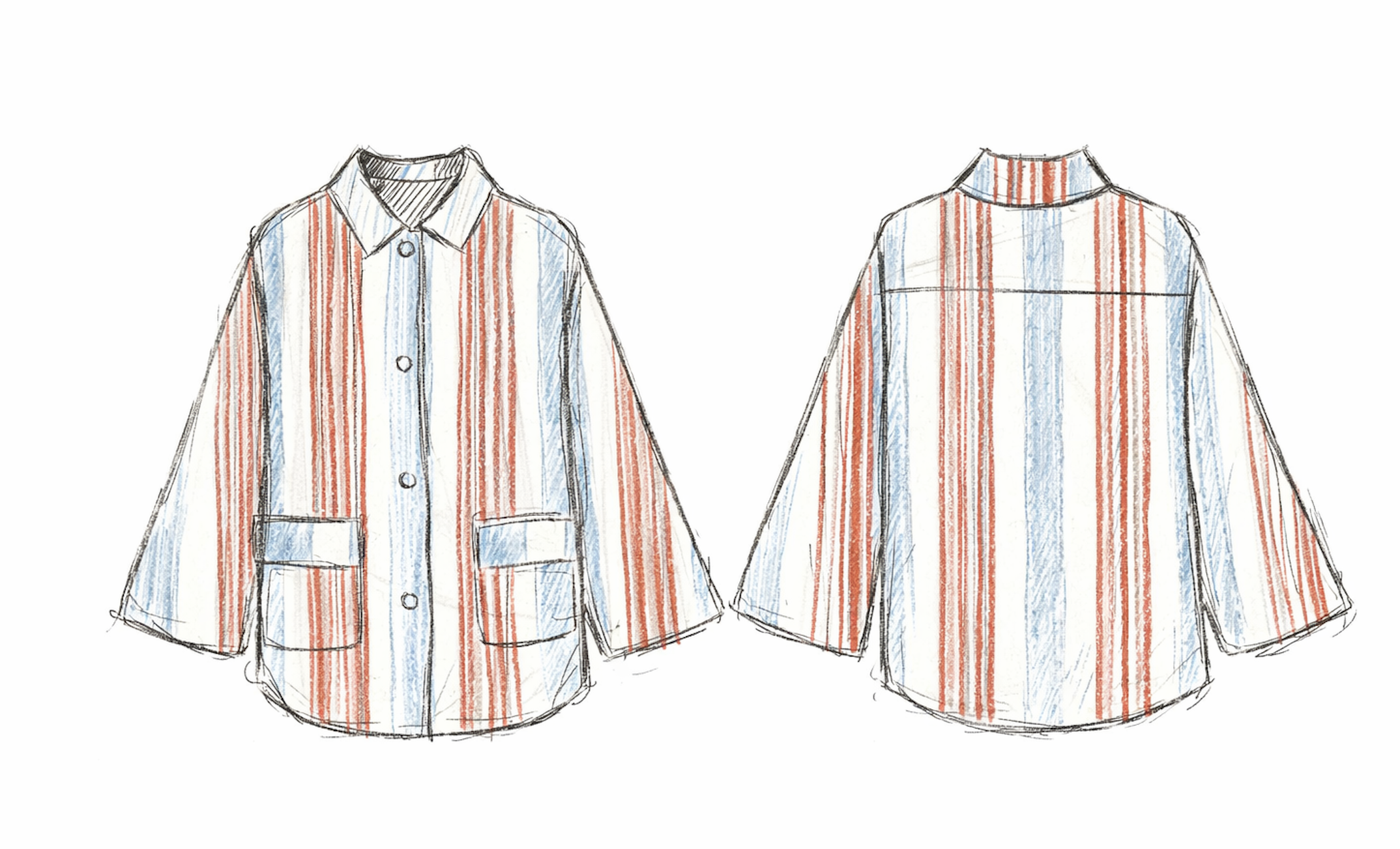 Twee getekende overhemden met verticale rood, wit en blauw strepen, getoond vanuit voor- en achterkant.