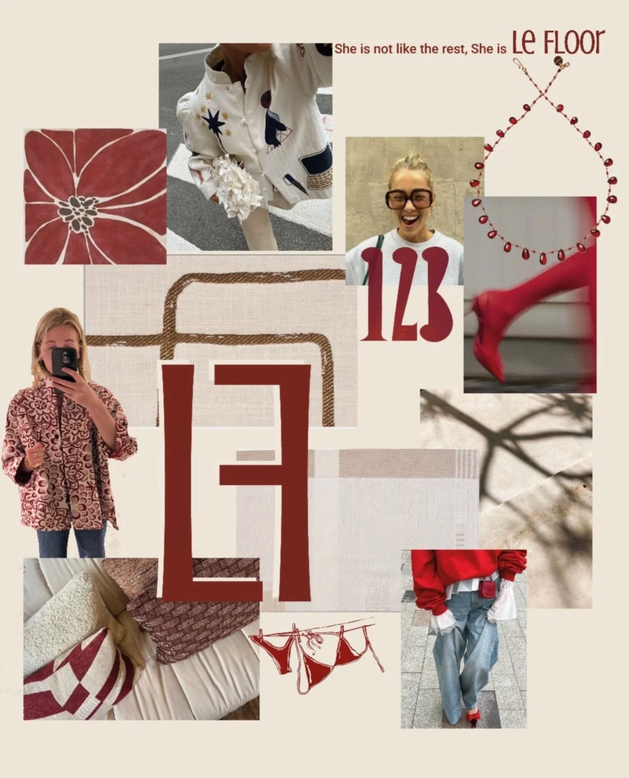 Collage van mensen, mode en design elementen, met teksten zoals 'She is not like the rest, She is Le FLOOR', en cijfers '12', '13', en '14'.