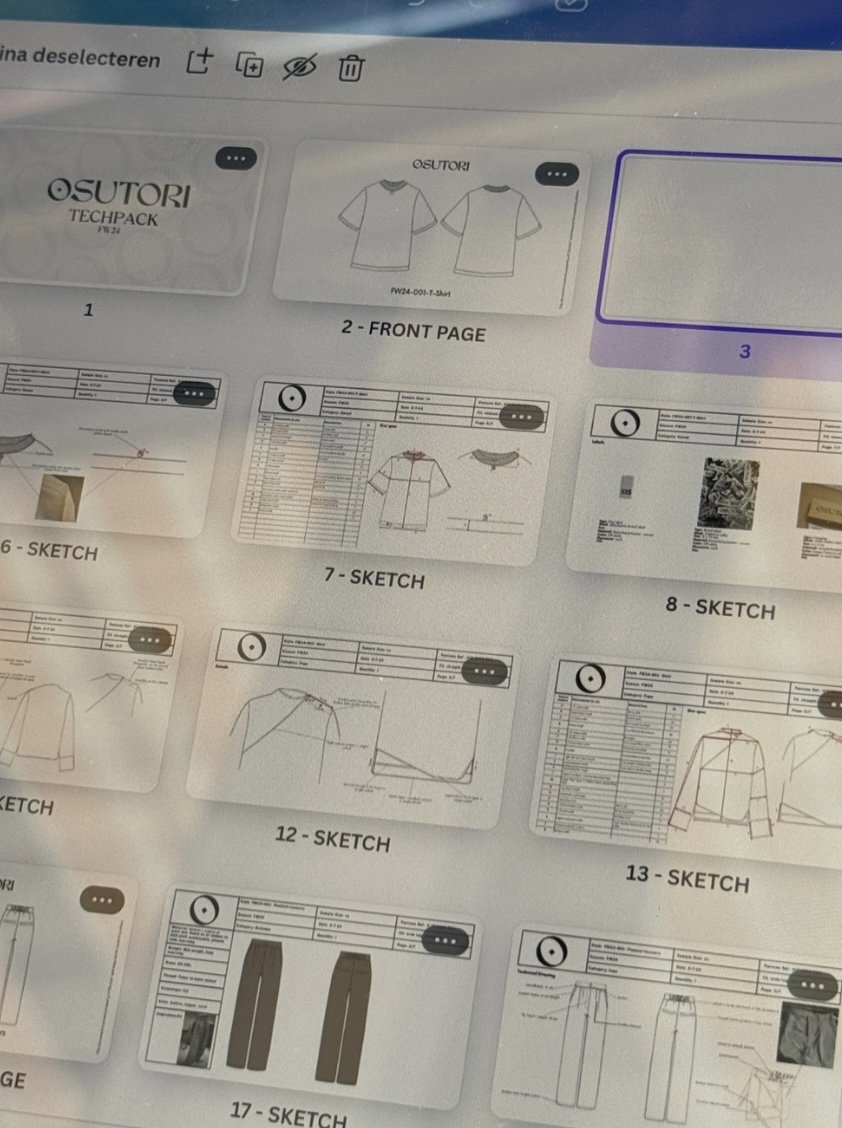 Afbeelding van een ontwerp- en patroondocument voor kleding, met schetsen en technische details van T-shirts en broekpatronen.
