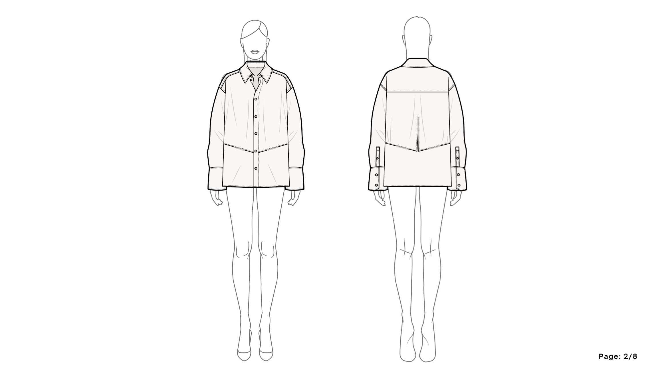 Line drawing van een damesjas met voor- en achterkant, met details zoals knopen, zakken, en zomen, gepresenteerd op een menselijke figuur.