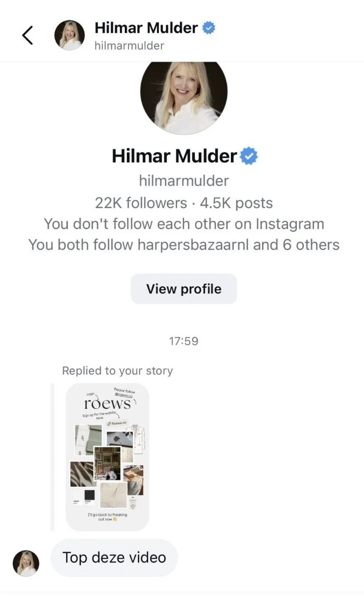 Screenshot van een Instagram-profiel van Hilmar Mulder met haar profielfoto en enkele berichten.