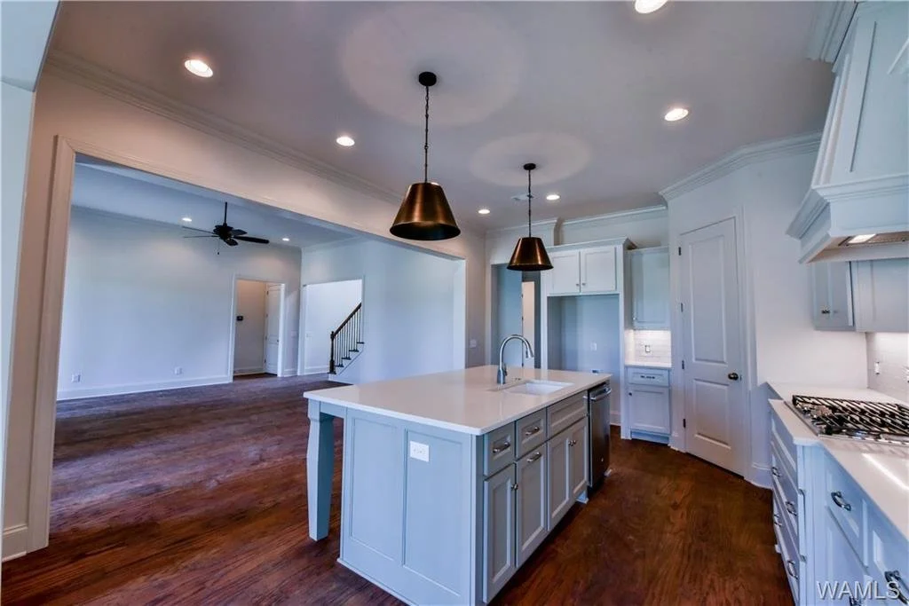 Kitchen island and living room