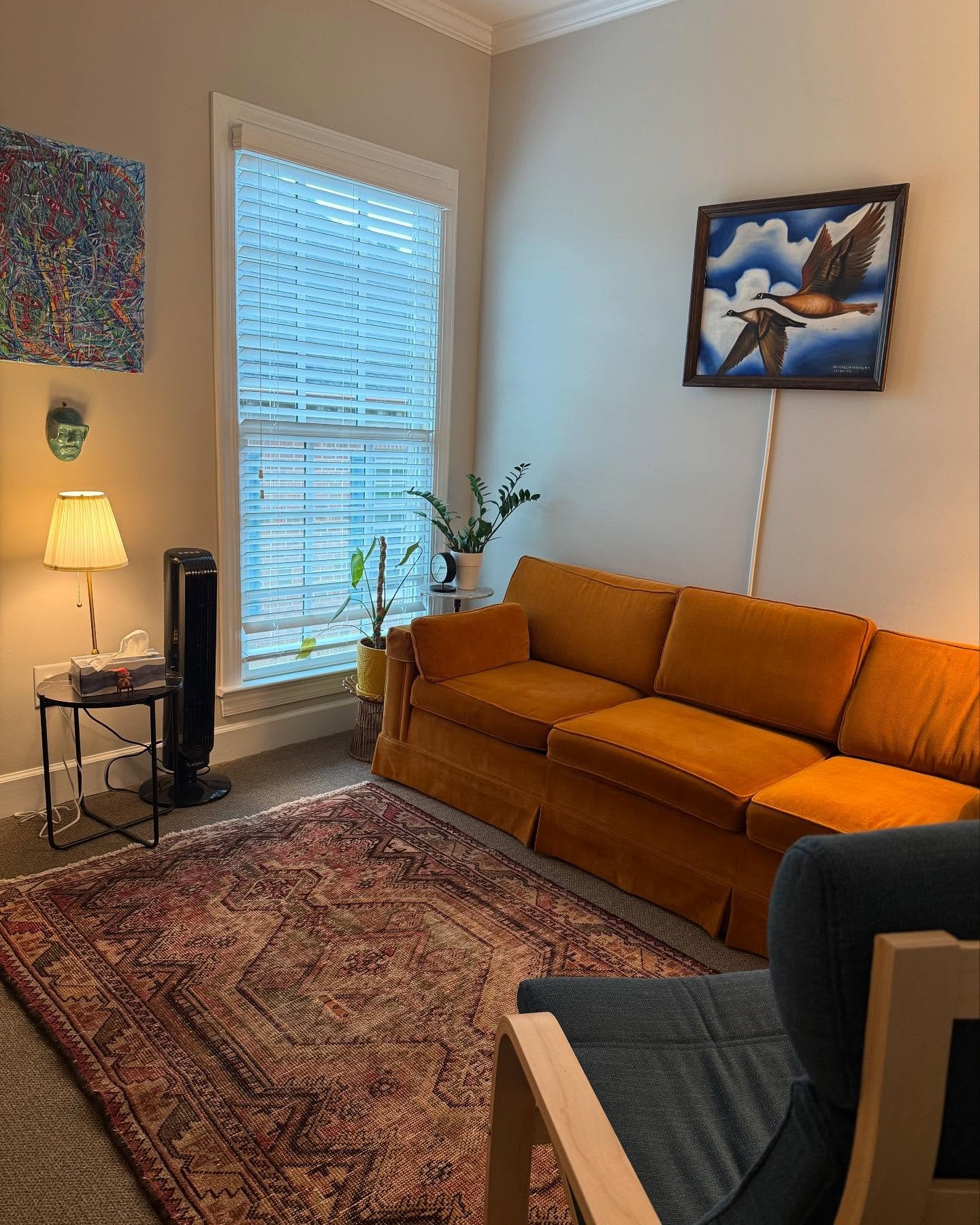 I&rsquo;ve moved to a new office, now with a new couch, which is also a very old couch.  Good for a room where we make new of the old.  There are lots of faces peering out, and another face hiding behind closed eyes, in the new art (sculpture by me ?