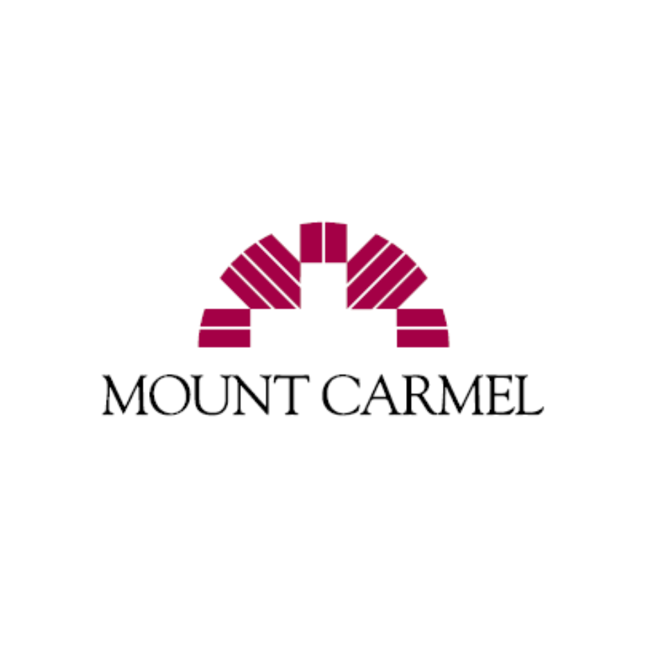 A logo for Mount Carmel featuring a stylized red brick arch above the words "Mount Carmel" in black serif font.