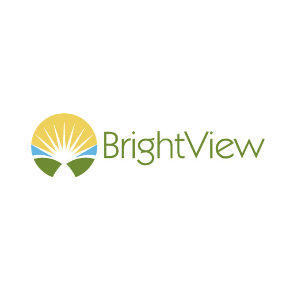 BrightView logo featuring a sun rising over a green landscape with blue water, accompanied by the text 'BrightView' in green.