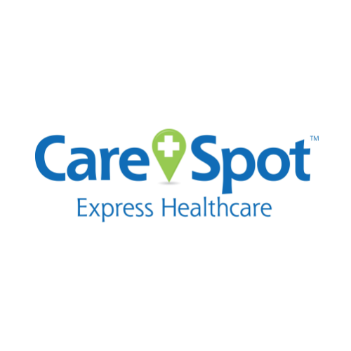 Care Spot Express Healthcare logo with blue text, a green map marker with a white cross, and blue tagline.