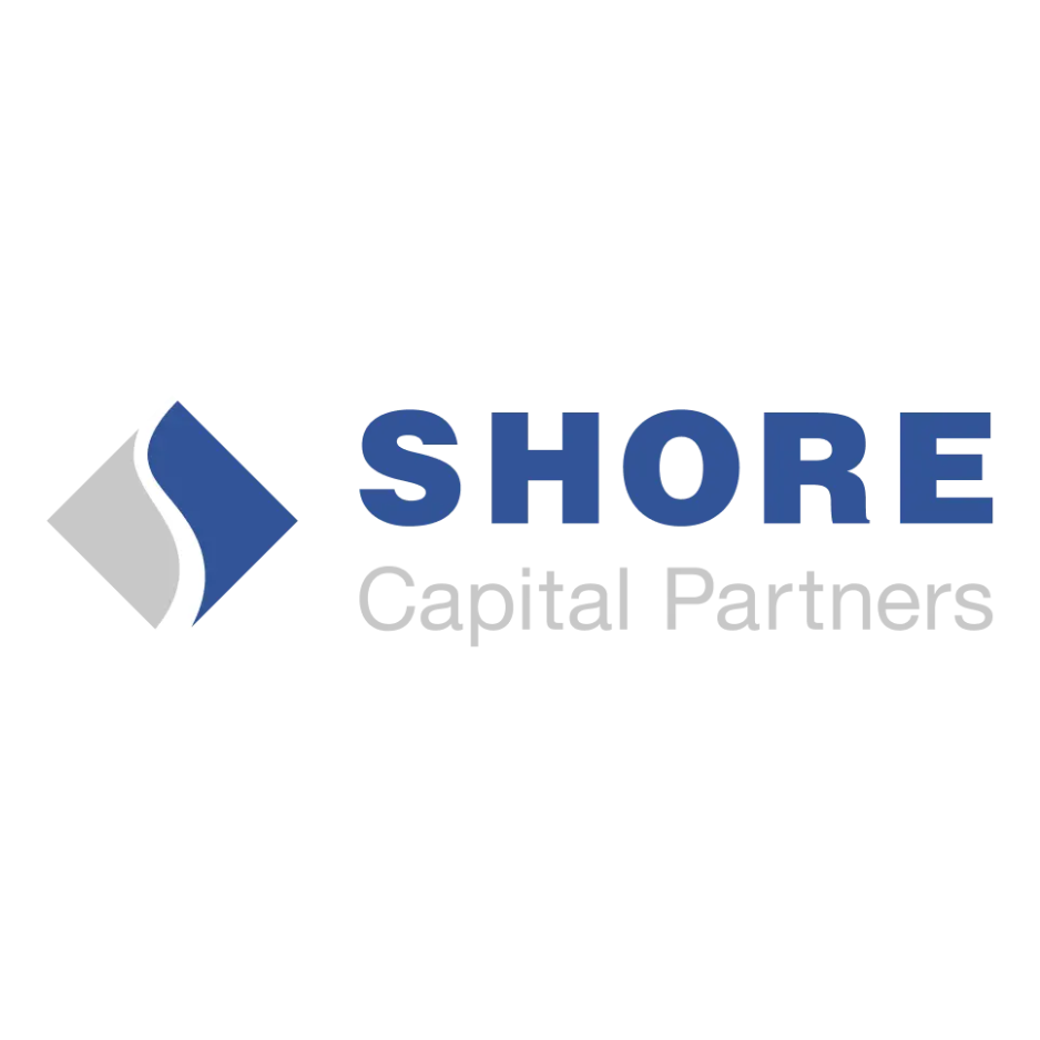 Shore Capital Partners logo with a stylized diamond shape in blue and gray, and the company name in bold blue and gray text.