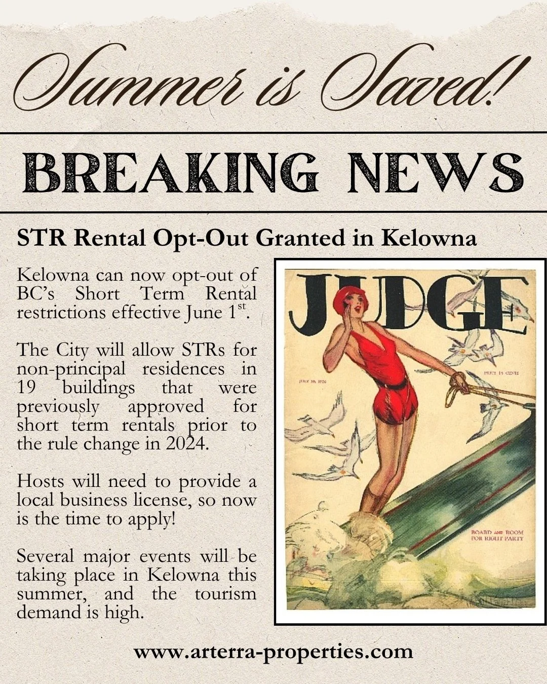 Good News, Kelowna! 🫡☕️📰 Short Term Rentals are back in Kelowna, starting June 1st! (Woohoo!) The City is reopening STRs for non-principal-residency owners of 19 condo towers previously approved, allowing them to operate again. 

Perfect timing for