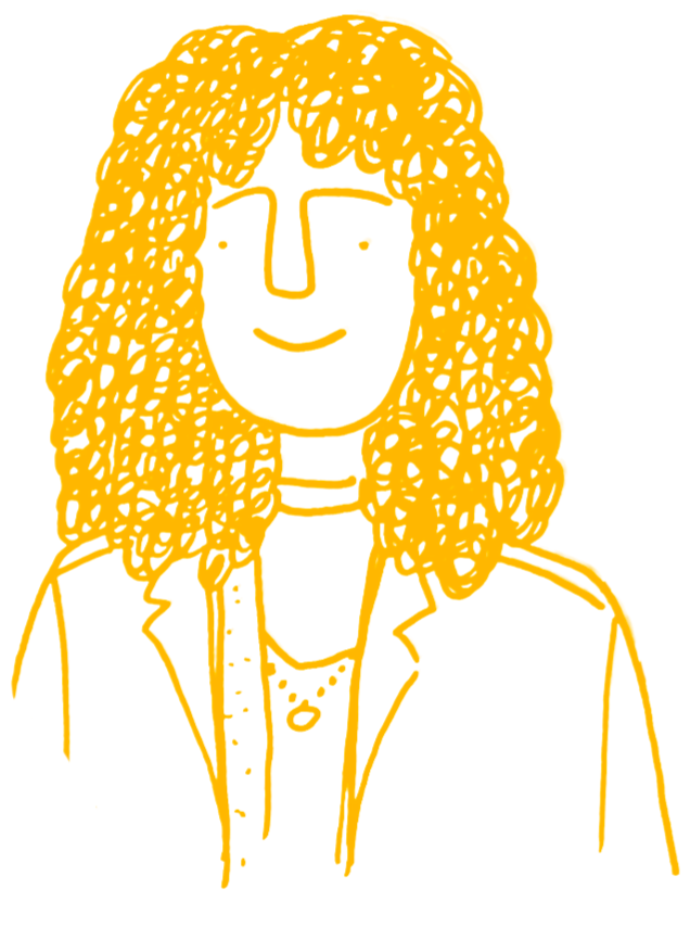 A simple line drawing of a woman with curly hair, wearing a blazer and a necklace.