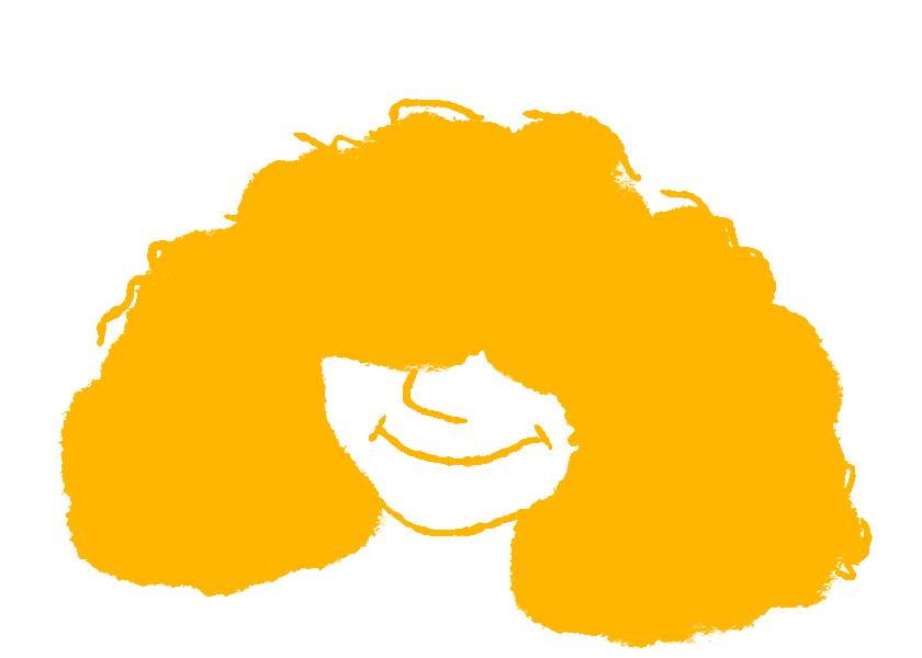 A stylized illustration of a person with long, curly hair covering part of their face, smiling.