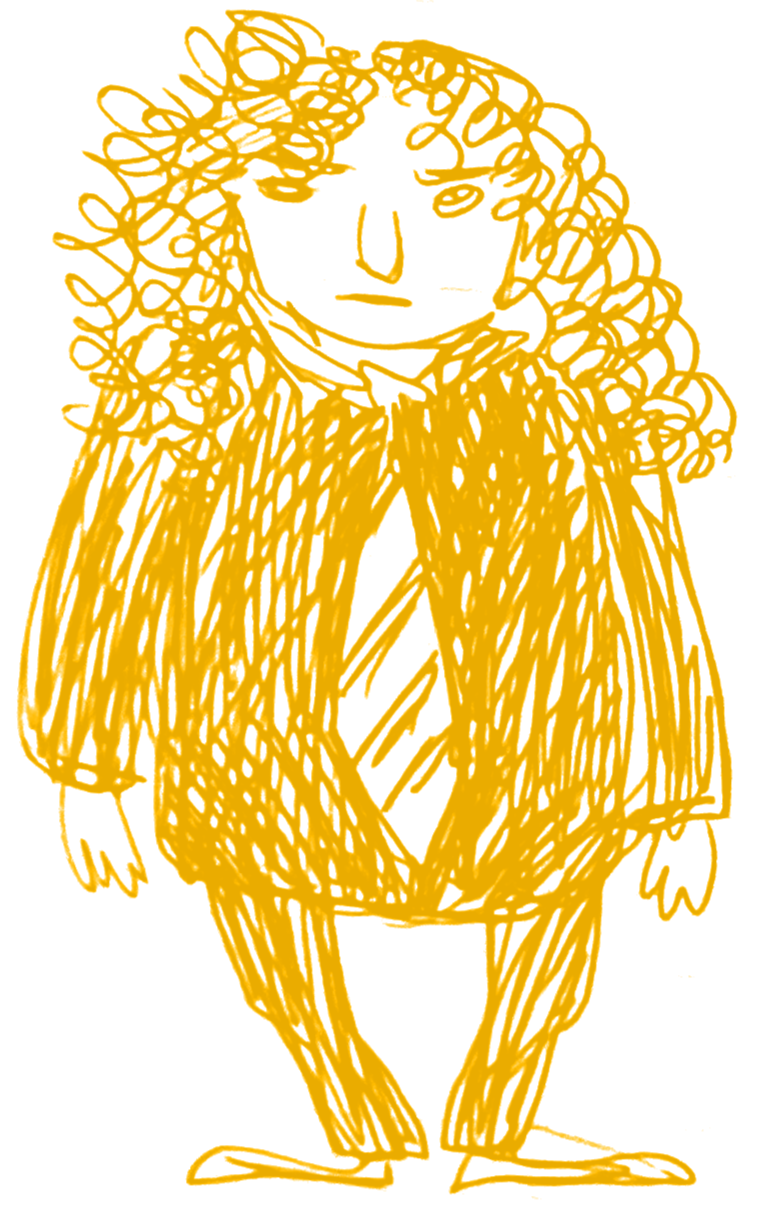 A line drawing of a person with curly hair, wearing a coat and shorts, standing with hands at sides, against a black background.