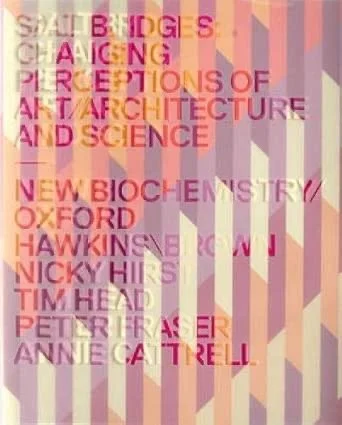 Poster with pink and purple striped background and pink text listing names and topics related to architecture, science, and biochemistry.