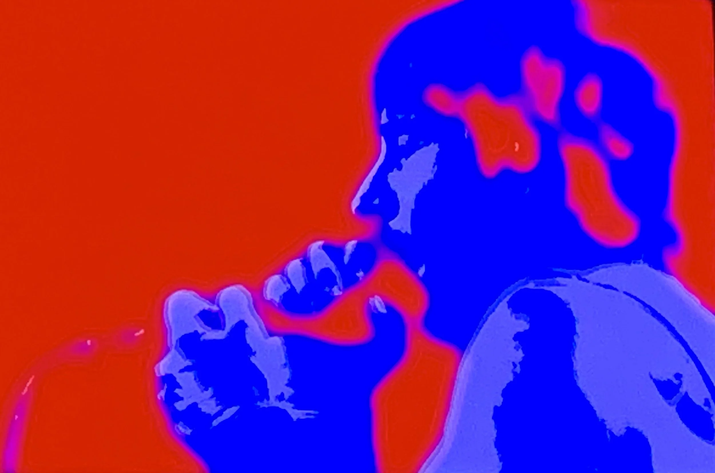 A stylized, digital silhouette of a person in profile holding a potato chip close to their mouth, with contrasting red and blue coloring.