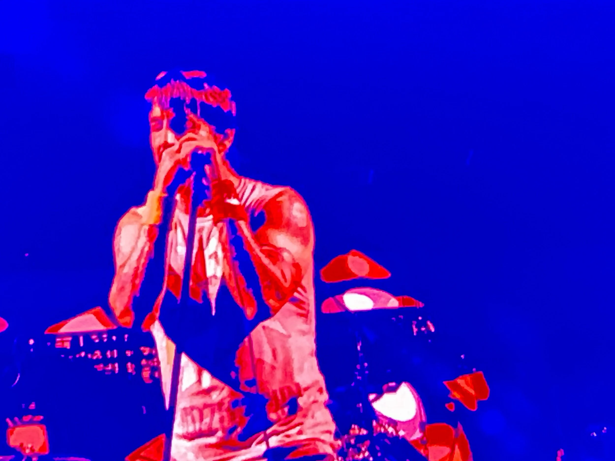 A singer performing on stage with blue and red lighting, holding a microphone close to their mouth.