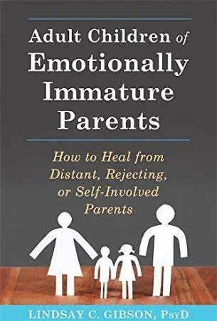 Book cover titled "Adult Children of Emotionally Immature Parents" by Lindsay C. Gibson, PsyD, featuring illustrations of a family with two adult figures and two children holding hands on a wooden floor background.
