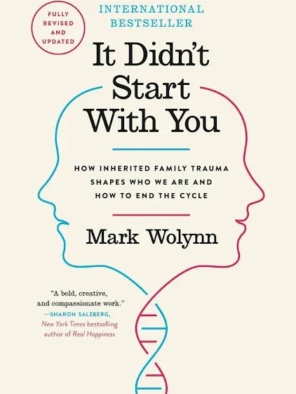 Book cover for "It Didn't Start With You" by Mark Wolynn, featuring a stylized illustration of two human profiles outlined in blue and red, with a DNA helix connecting them.