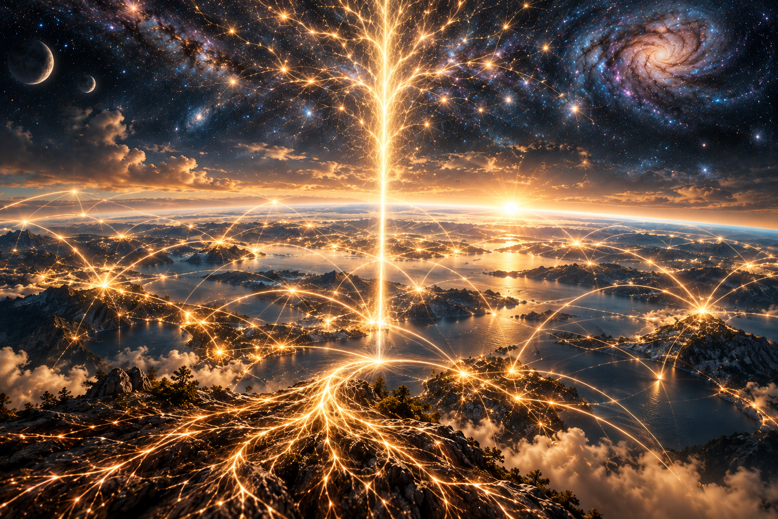 Futuristic depiction of Earth from space with interconnected glowing lines, a central lightning bolt, and cosmic elements like planets, stars, and galaxies in the background.
