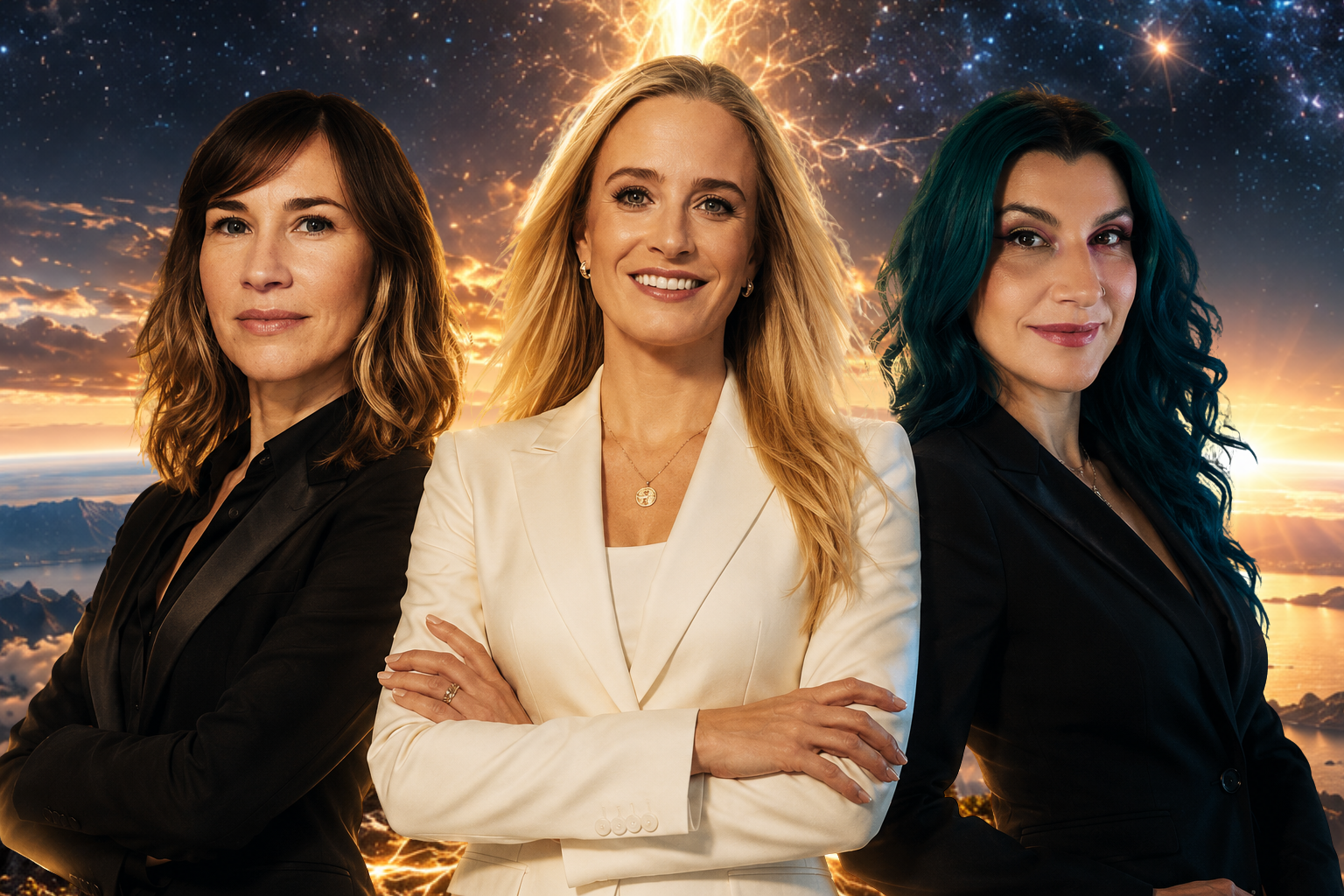 Three women in business attire standing together with a dramatic sunset and lightning in the background.