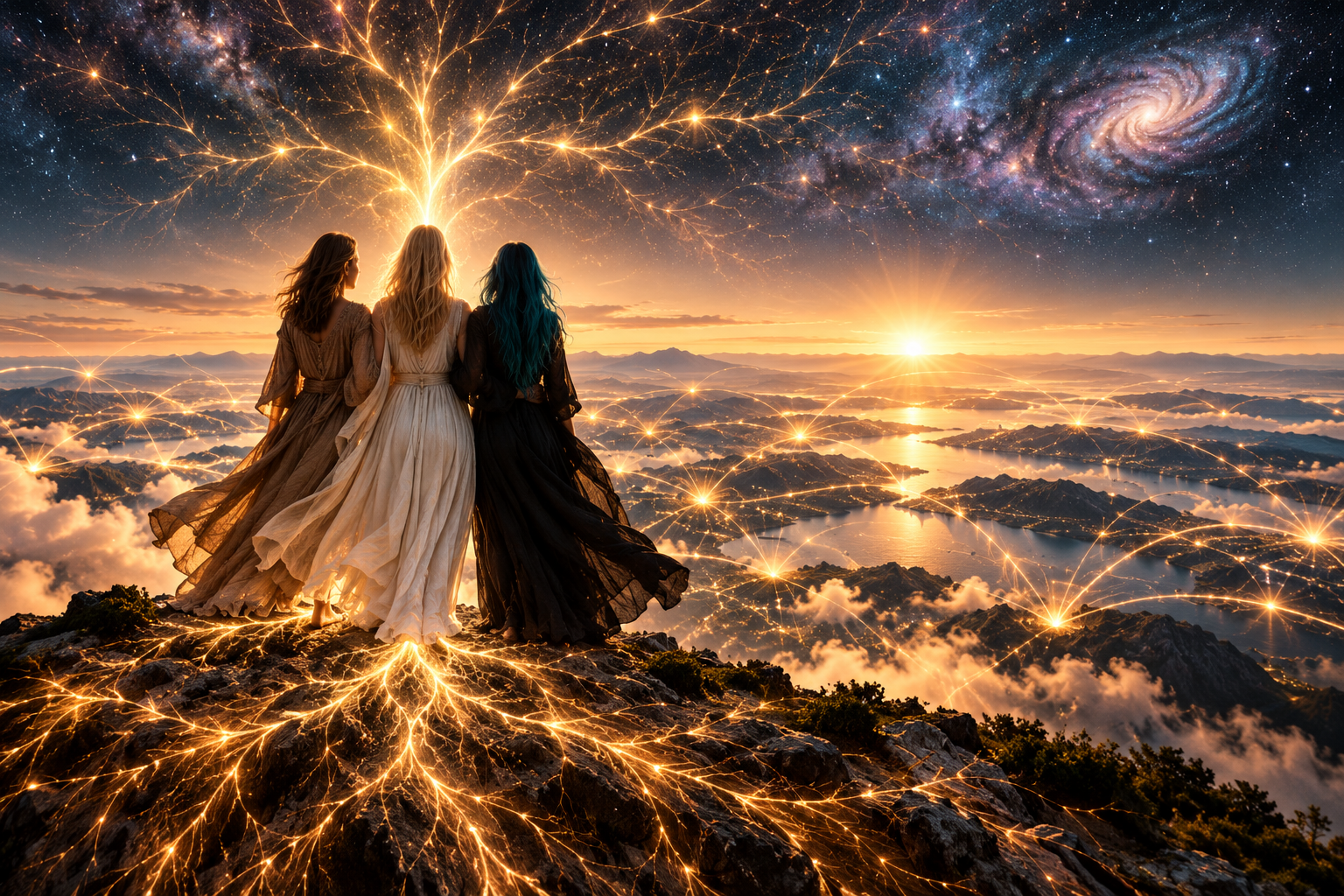 Three women in flowing dresses standing on a mountain top, watching a surreal sky with lightning and galaxies, over a landscape of lakes, mountains, and clouds at sunset.