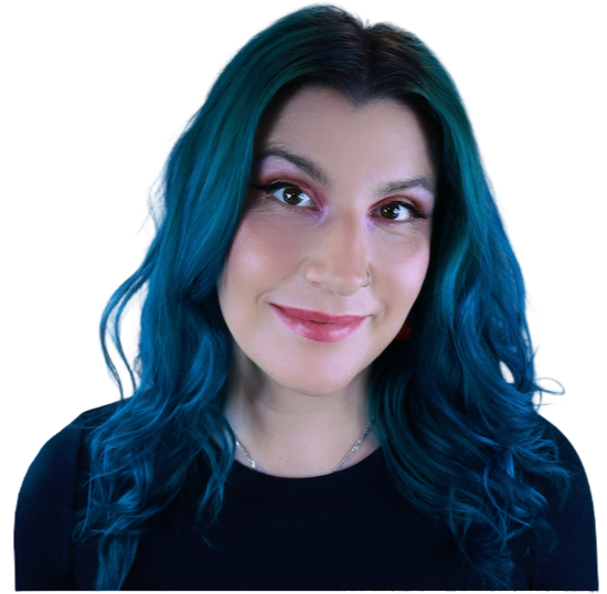 A woman with turquoise blue hair, wearing a black top, smiling, with a solid blue background.