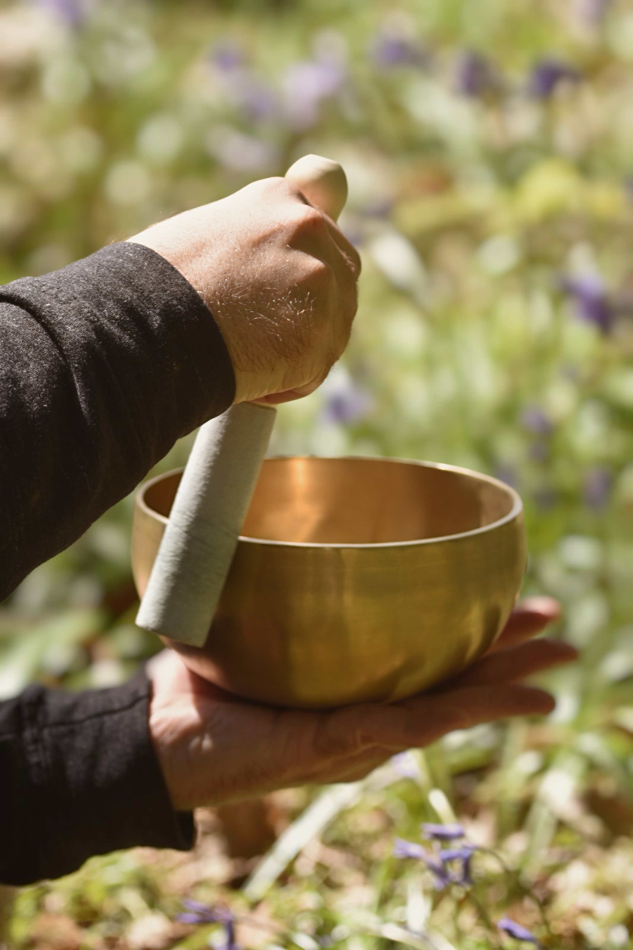 A person's hand holding a brass singing bowl and a mallet, with a blurred garden background.
