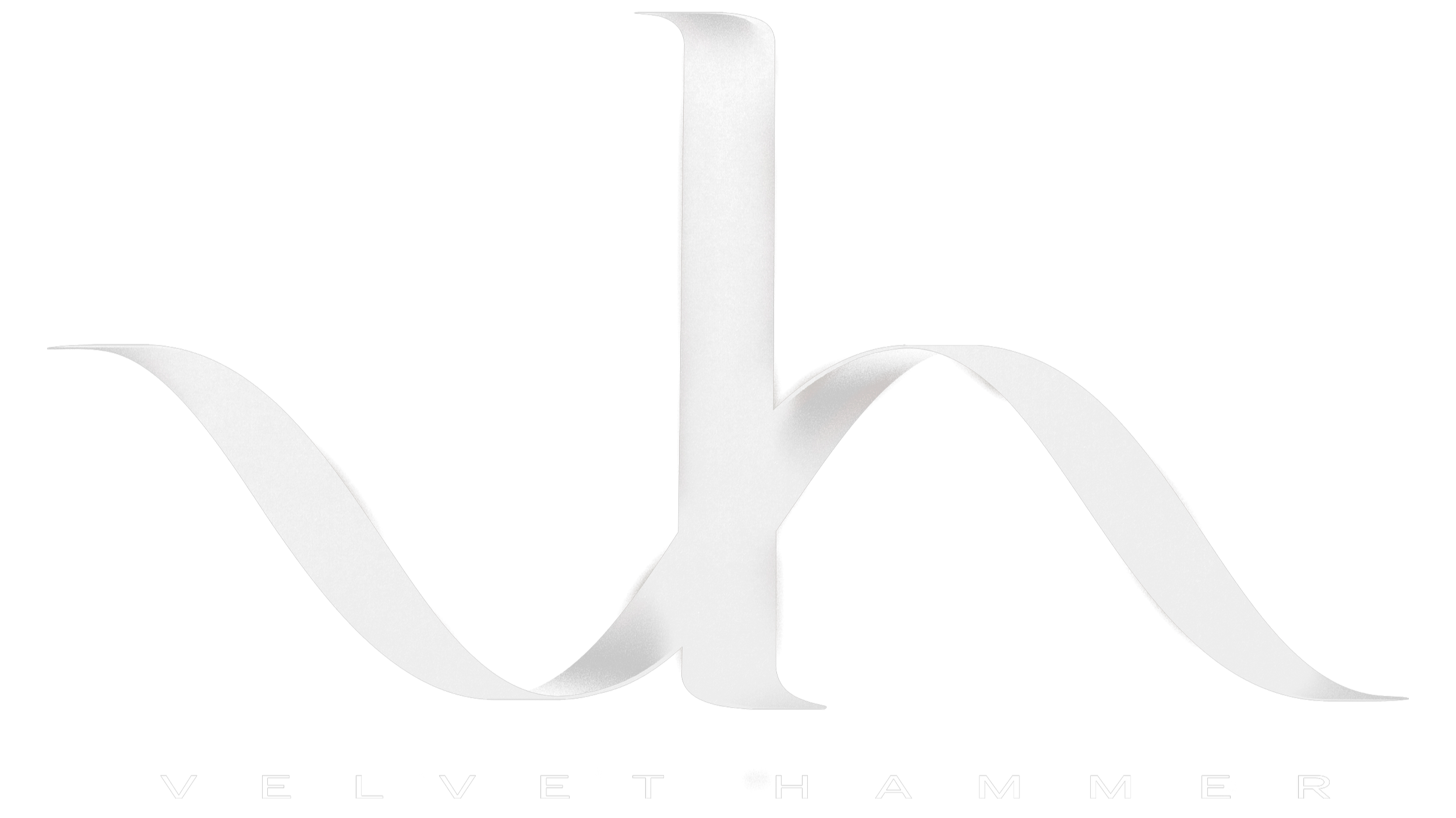 Velvet Hammer Logo, white conjoined letters V and H, with three dimensional gradients creating a stylistic asymmetrical spiral shape.
