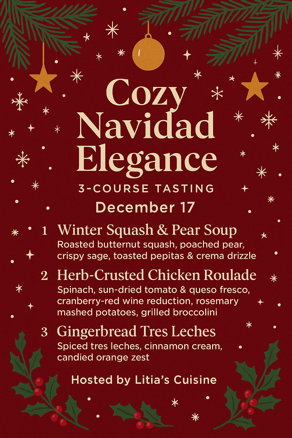 A Christmas-themed menu advertising Cozy Navidad Elegance 3-course tasting event on December 17, featuring Winter Squash & Pear Soup, Herb-Crusted Chicken Roulade, and Gingerbread Tres Leches, hosted by Litia's Cuisine with festive red background, gold ornaments, stars, snowflakes, and holly decorations.