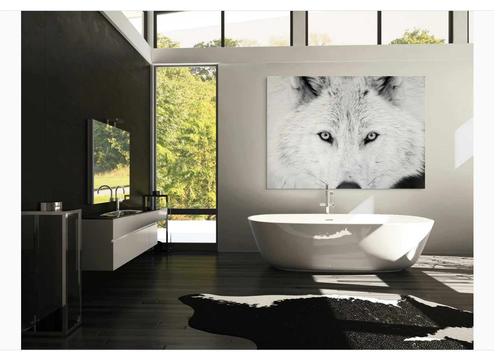 Photographie murale en noir et blanc représentant un loup, intégrée dans une salle de bain contemporaine.