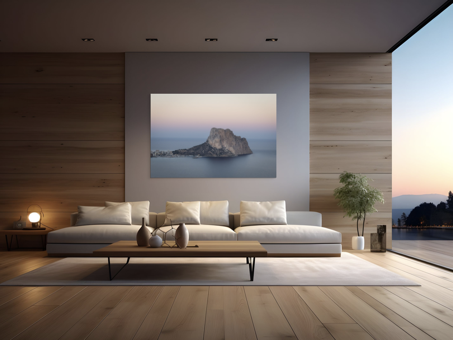 Image d'une photographie imprimée sur une toile grand format dans un salon chic.