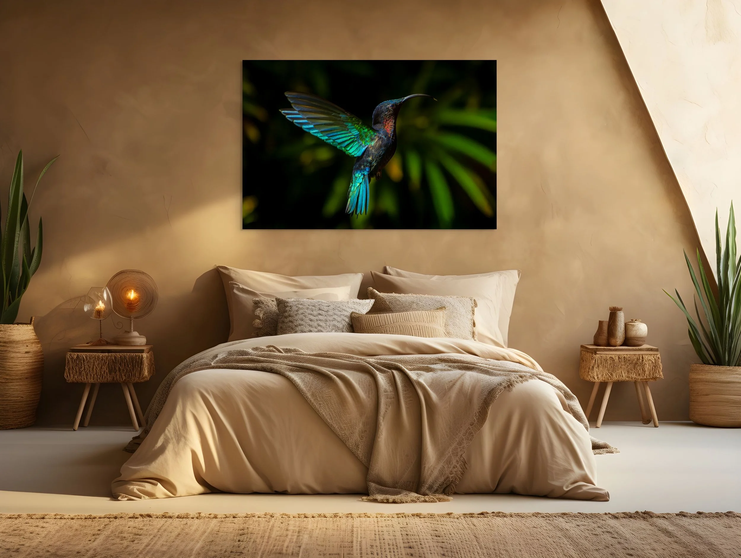 Colibri en vol – Impression sur toile, montée sur châssis en bois – 60 po × 40 po