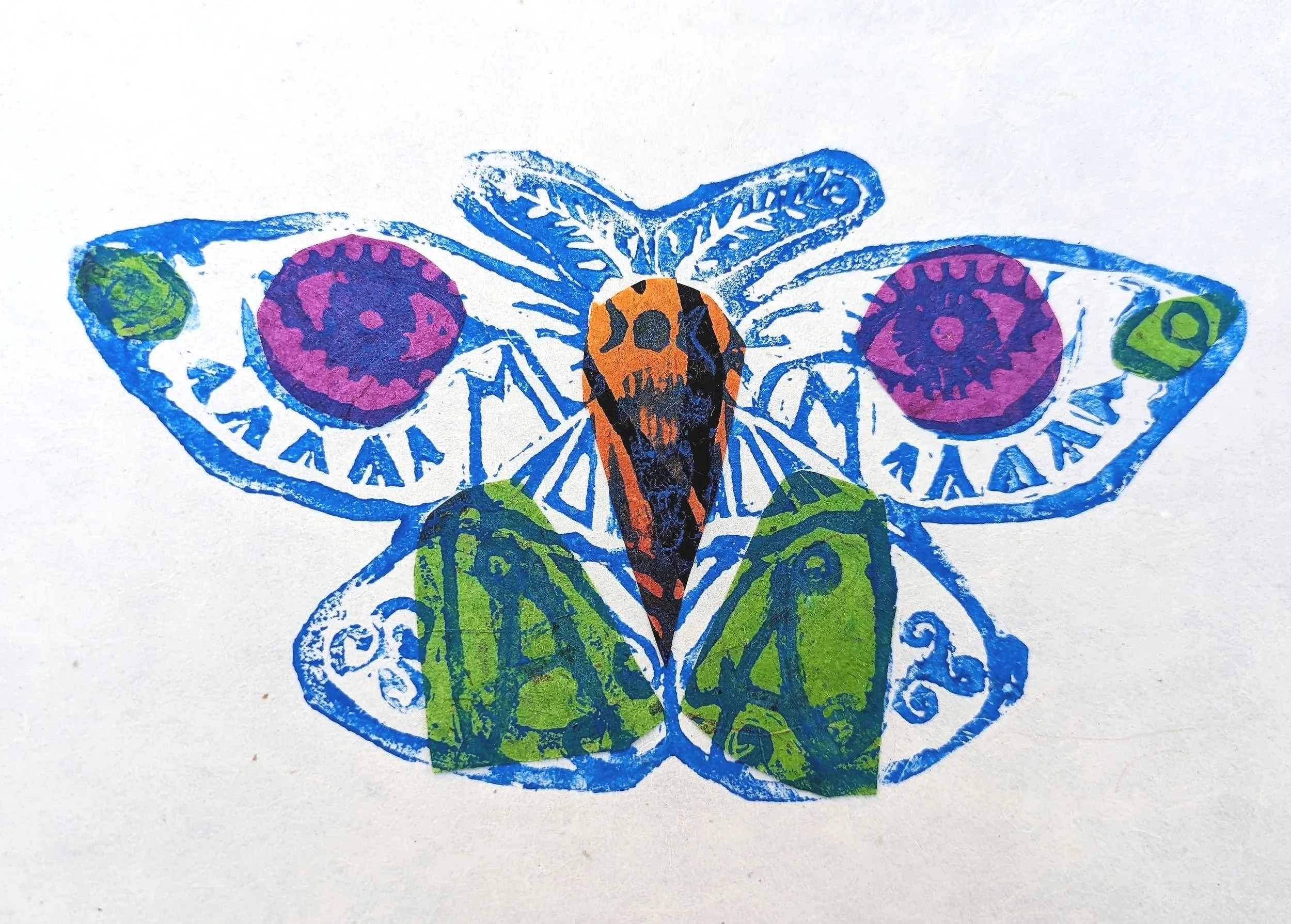 Magic Moth colourful witchy lino cut print with and with chien collé