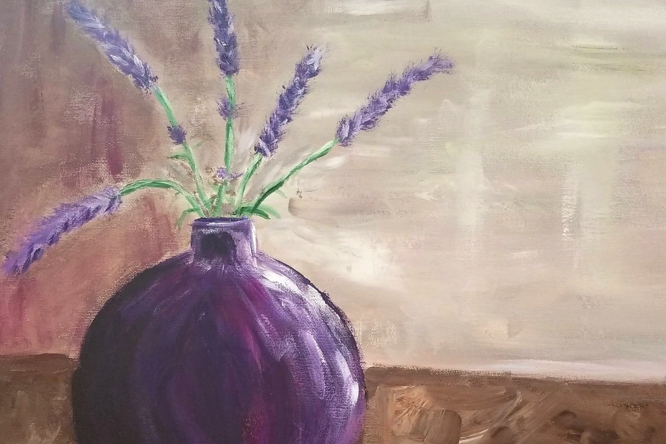 Acrylic painting. Beige and brown background. Purple spherical vase holding a handful of lavender stems.