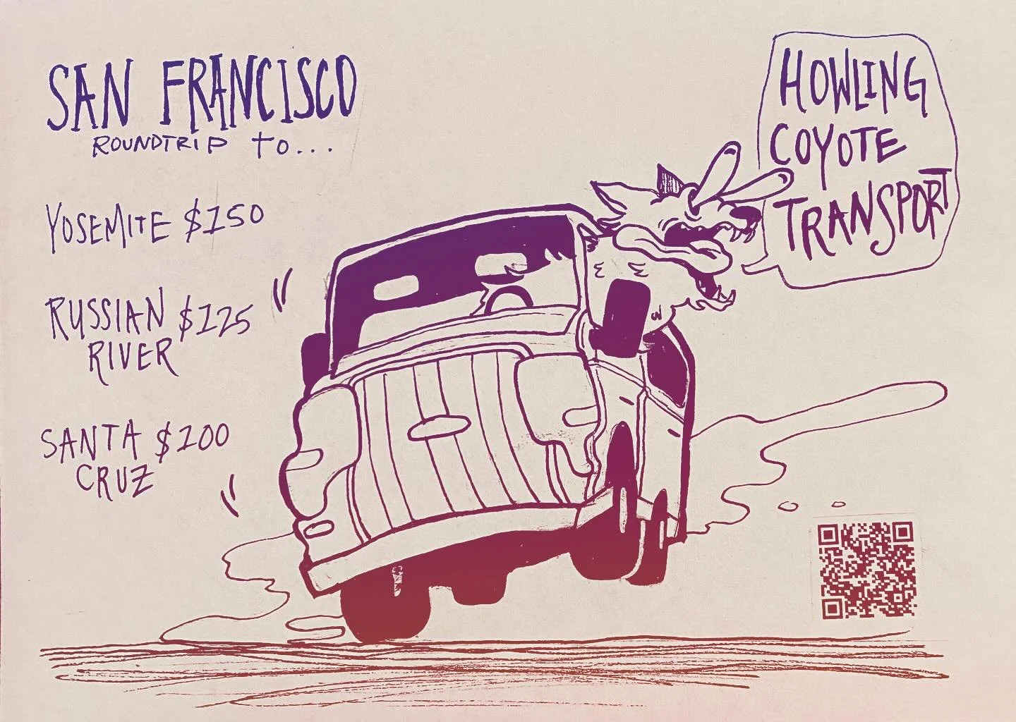 We are in business! Trips are live at HowlingCoyoteTransport.com 50% off until the end off the month so act fast to get the cheapest day trips departing from SF! Awooooo