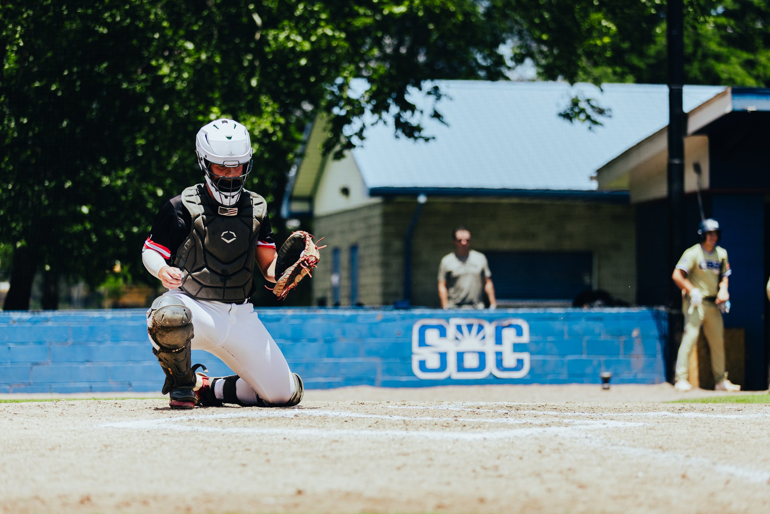 A baseball catcher kneeling on the field with a mask and mitt, during a game, with other players and trees in the background.