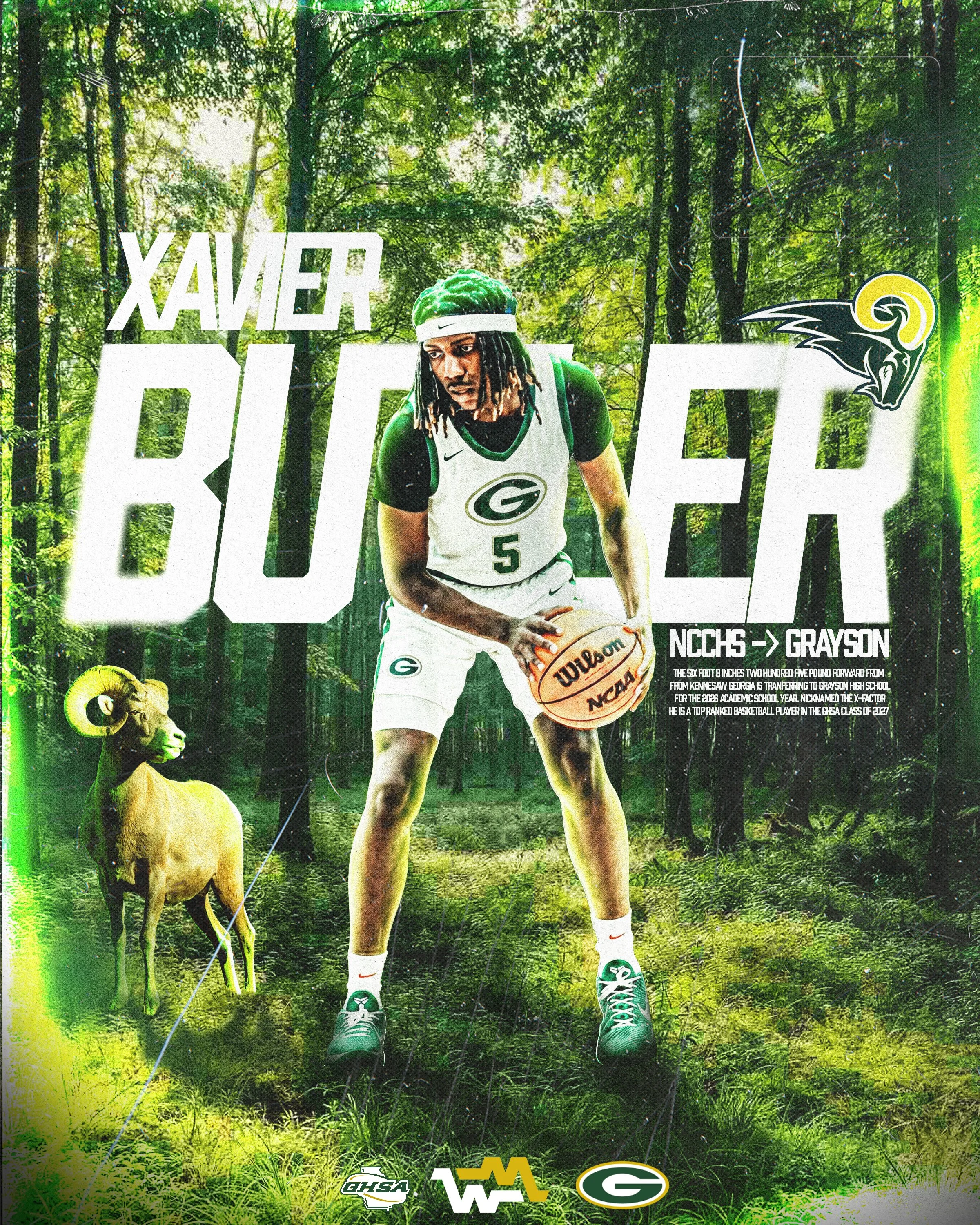 An athlete wearing a basketball uniform with the number 5 is standing in a forest, holding a basketball, with a lion and a climber in the background, and logos of GHS, WMA, and Green Bay Packers at the bottom.