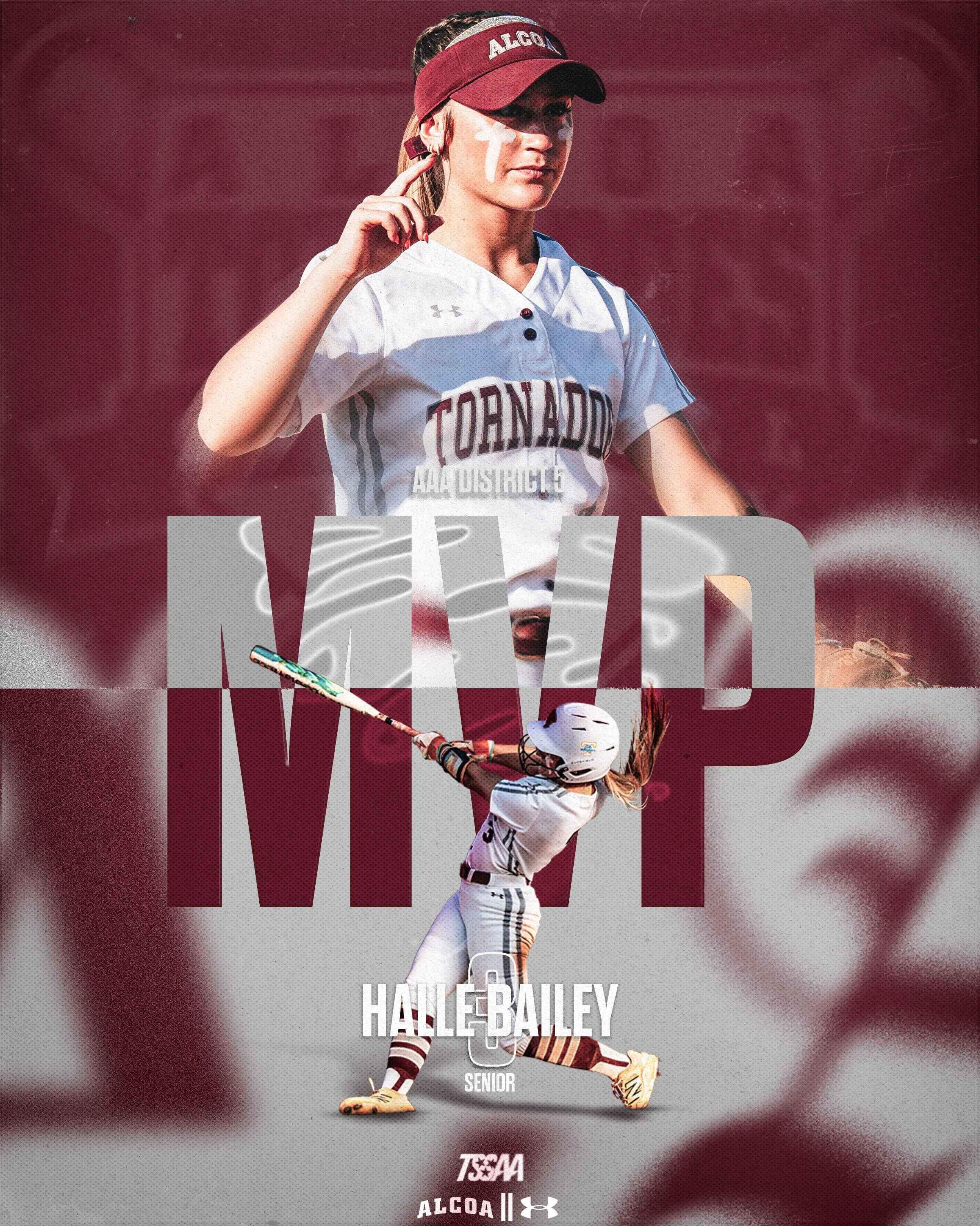 A female college softball player in a white and maroon uniform with the word "Tornadoes" on it, holding a bat, and wearing a maroon cap with the word "ALCOA." She has face paint and is standing against a blurred maroon background.