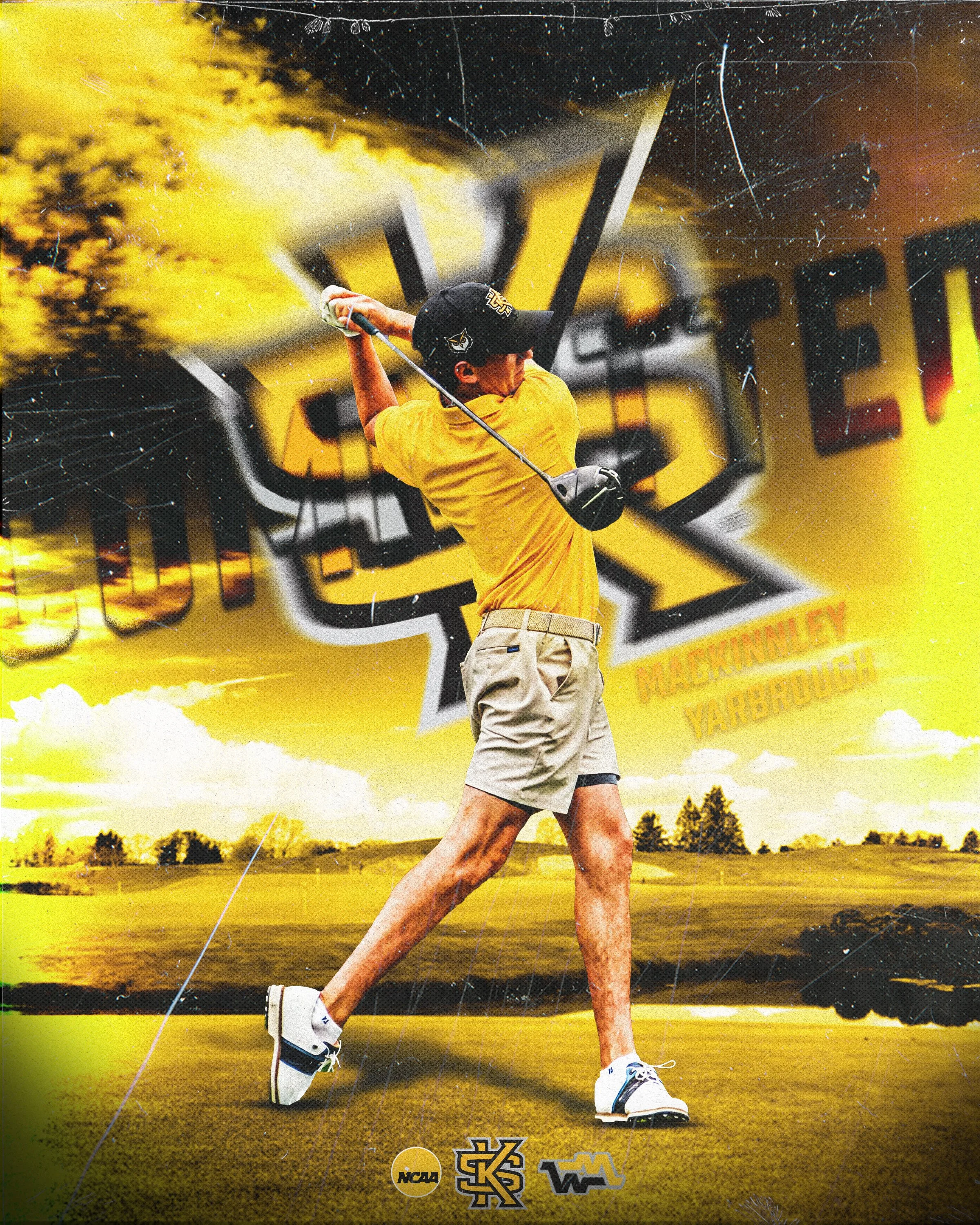 A golfer wearing a black cap, yellow shirt, and beige shorts swinging a golf club on a golf course during sunset. The background features trees and a large yellow truck with logos and text, including NCAA and other sports references.