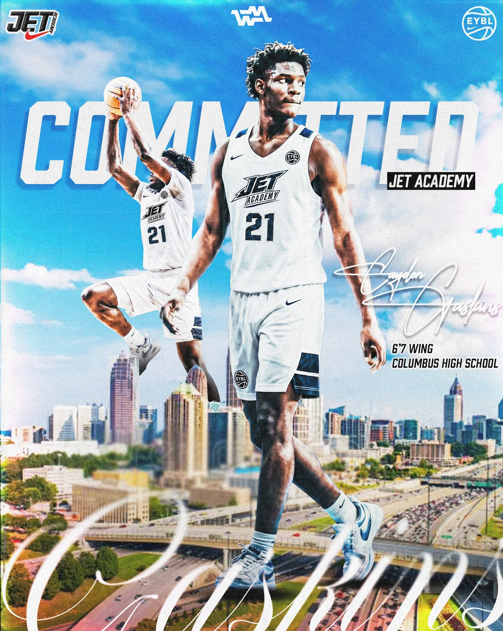 A poster of a basketball player from Columbus High School wearing jersey number 21, standing against a cityscape background with tall buildings and highways, with the text 'Coming Soon' and the logos of JET Academy, EYBL, and other sponsors.