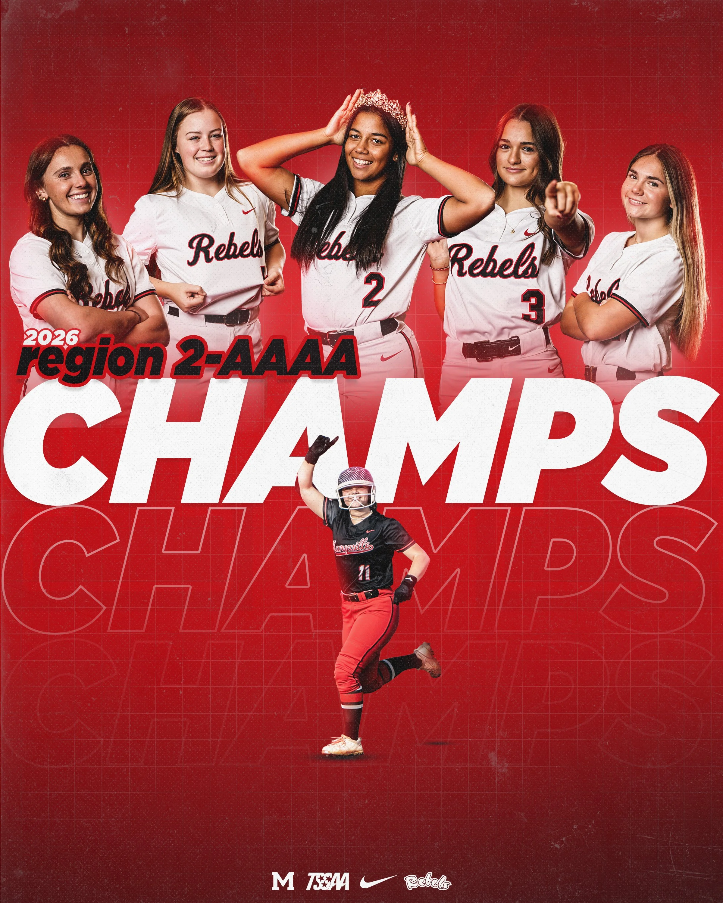 A group of five women in baseball uniforms with the word 'Rebels' on their shirts, standing against a red background with text that reads '2026 region 2-AAAA CHAMPS.' One woman is wearing a tiara and adjusting it, another is pointing at the camera, and a woman at the bottom is holding a softball in her right hand, wearing sunglasses and a helmet. The bottom of the image features logos: 'M,' 'TEAM,' Nike swoosh, and 'Rebels'.