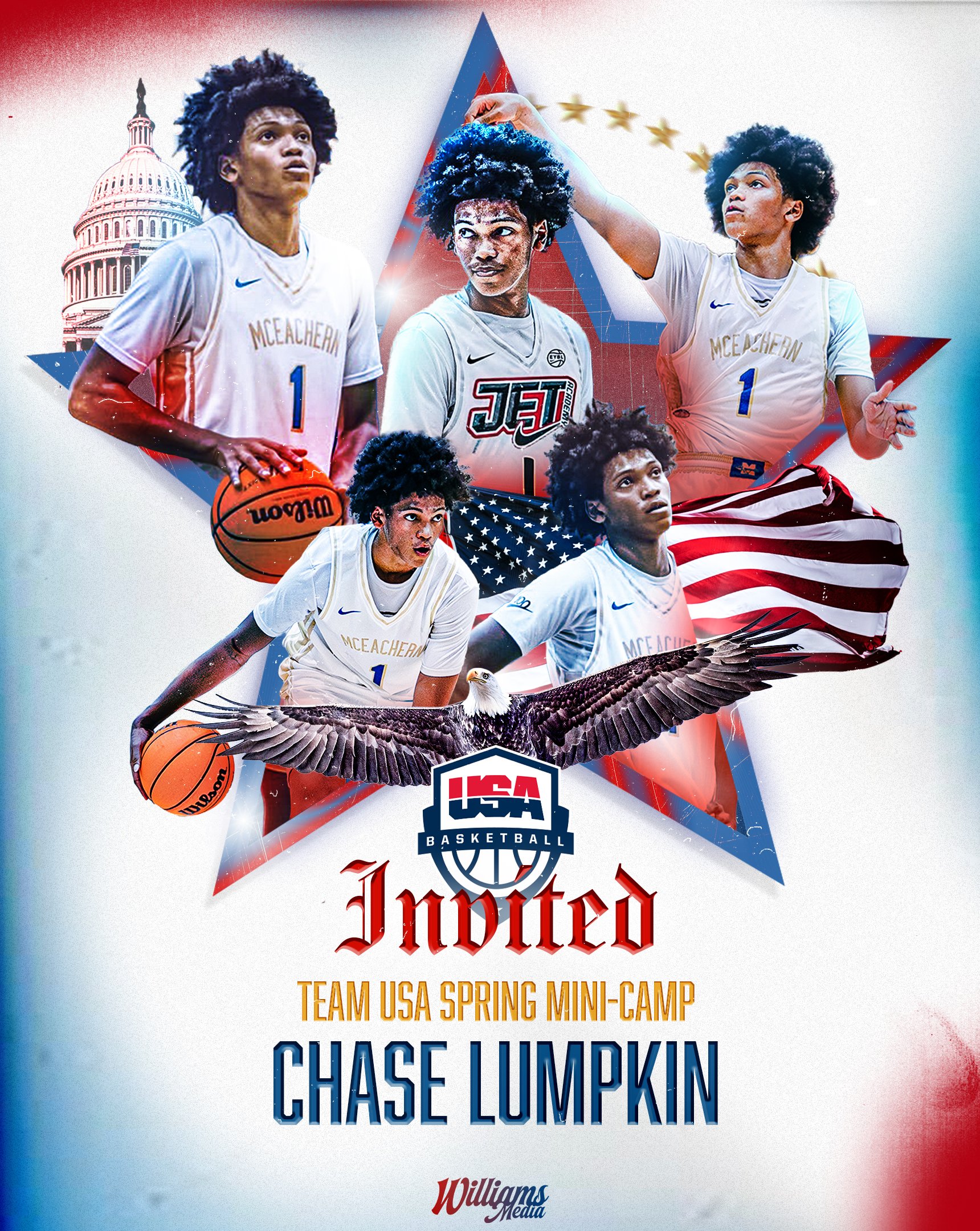 Poster for Team USA Spring Mini-Camp featuring basketball player Chase Lumpkin, with images of him in action, the U.S. Capitol building, an American flag, an eagle, and the USA Basketball logo. The text prominently displays his name and the event details.