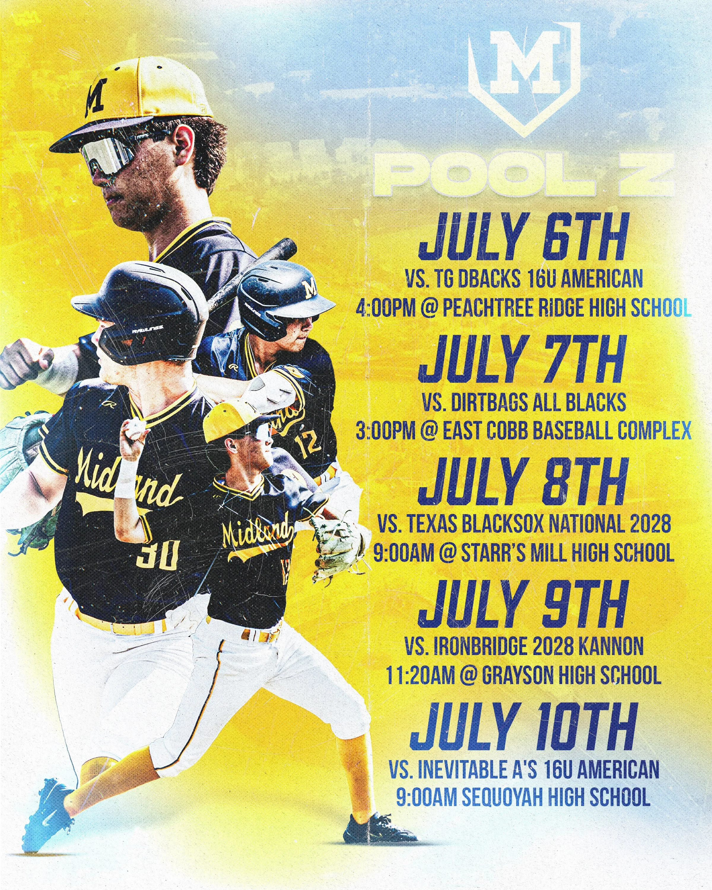 A promotional poster for a series of baseball games featuring young baseball players wearing yellow and black uniforms and helmets. The poster includes game dates, opponents, and locations, with a large yellow background and images of players in action.