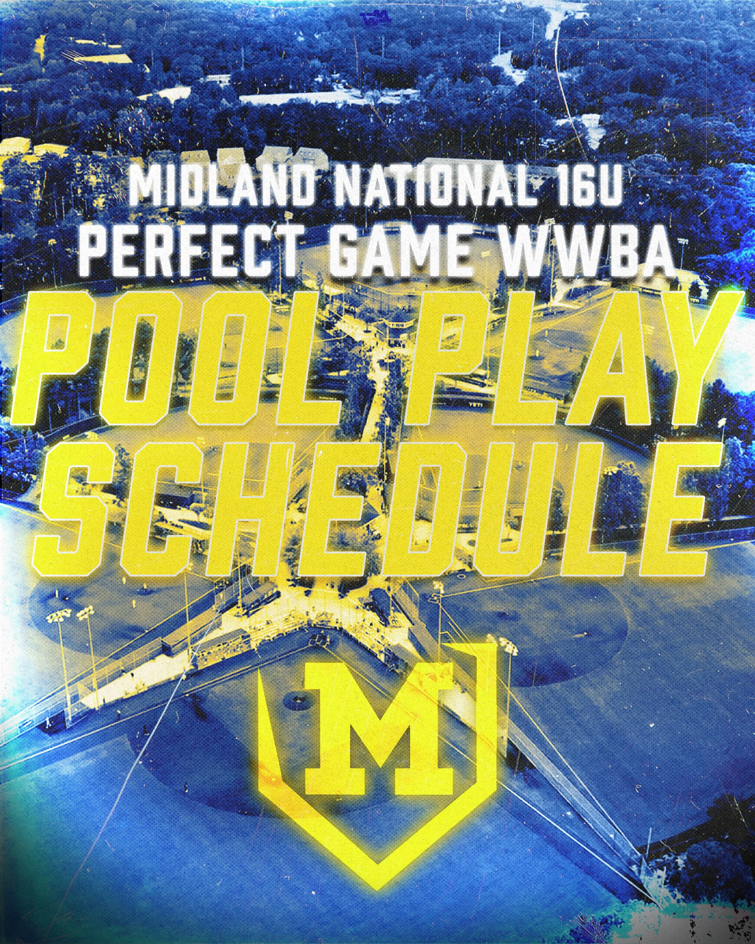 A digitally edited aerial view of a sports field and surrounding area with a large, bold yellow overlay text saying 'POOL PLAY SEMIFINALS' and other smaller text about a football game between Midland National 16U and Perfect Game WWBA.